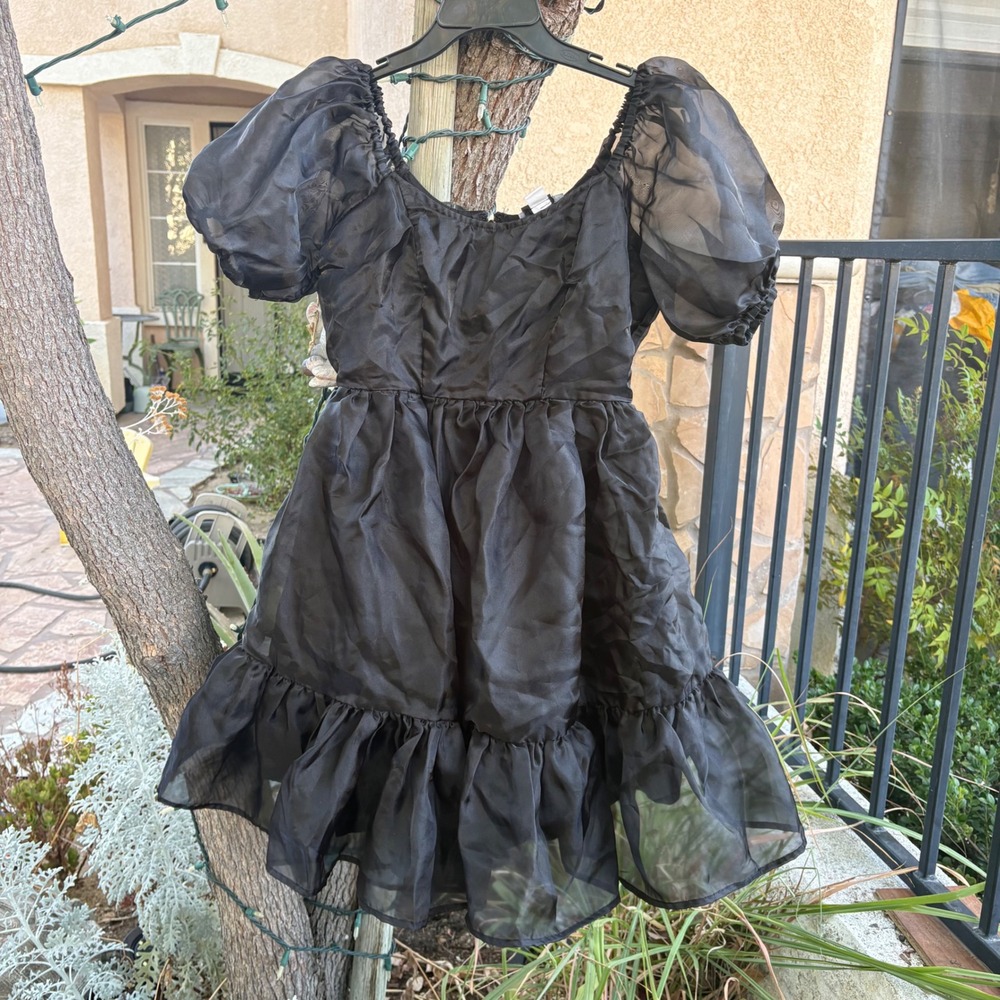 Thorn & Fable Black Organza Puff Sleeve Ruffle Mini Dress Small Babydoll Gothic
